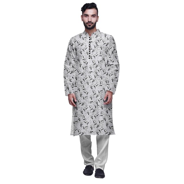 Atasi Kurta Long Indien en Satin Modal Imprimé pour Homme avec Ensemble de Pyjama Churidar Blanc