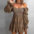 thumbnail image 2 of safuny Women's Mini A Line Babydoll Dress Floral Boho Winter Trendy Holiday Long Sleeve Autumn Dresses Hawaiian Tropics Elegant Beach Tiered Off Shoulder Coffee XL, 2 of 4