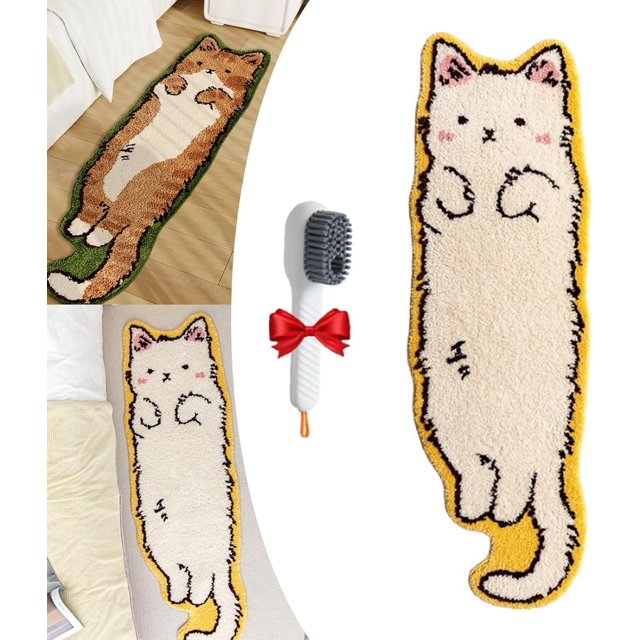 Cat Rug, Cat Shaped Rug, Cat Tufted Rug, Cat Rugs Room Decor, Cat Rug for Bedroom, Non-Slip Washable Cat Area Rug, Irregular Shaped Rug, Soft Bedside Rug for Bedroom (Yellow,50*160cm/19.7*62.99inch)