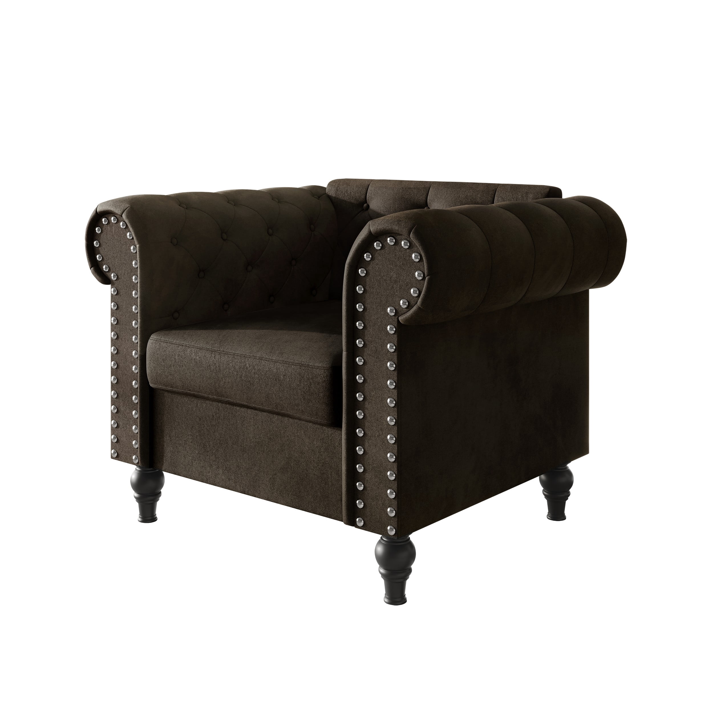 Home Design Kelso 3-Piece Velvet Living Room Set With Rolled Arm Chair, Loveseat and Sofa, Deep Button Tufting and Turned Legs, Brown