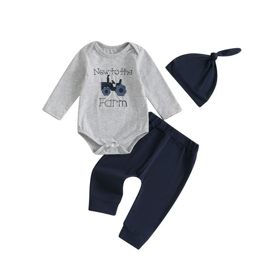 Baby Toddler Boys Spring Outfits 1 3 6 Months Letter Tractors Embroidery Long Sleeve Rompers Pants Hat 3Pcs Clothes Set