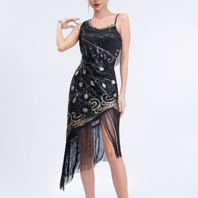 UPPADA Womens Sequin Tassel Fringe Party Dress V Neck Sleeveless Spaghetti Straps Dress Cocktail Prom Party Mini Dresses Slim Fit Ruched Stretchy Dress Clearance Formal Dress