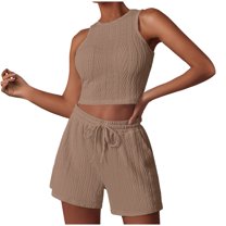 qolati Two Piece Sets for Women Texture Sleeveless Pullover Tops Matching Shorts 2 Piece Beach Vacation Outfits