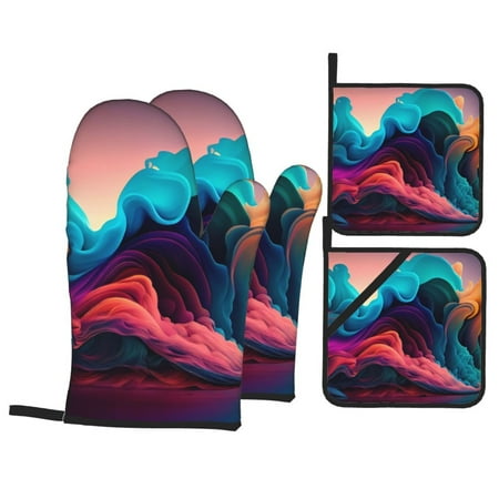 

Oven Mitts and Pot Holders 4 pcs Set Colorful Surreal Landscape Heat Resistant Pot Holders Oven Mitts for kitchen Non-Slip Hanging Loop Oven Glove Potholders for Baking Cooking