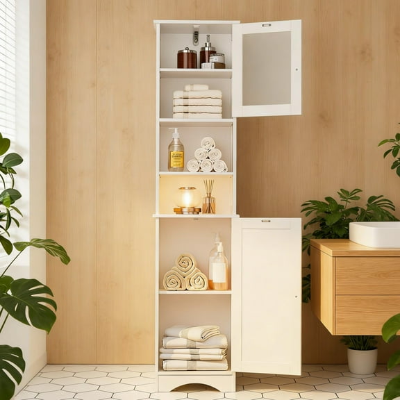 Tall Bathroom Storage Tower, 67.1" Bathroom Cabinet with Adjustable Shelves and Open Shelves for Bathroom, Living Room,White