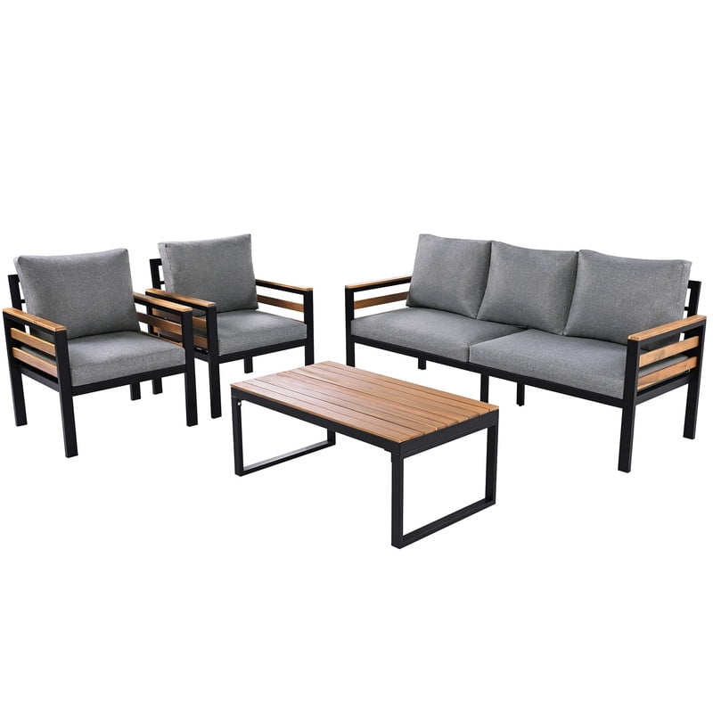4-Piece Patio Furniture Set with Removable Cushion and Solid Wood Coffee Table, Outdoor Conversation Set with Acacia Wood Armrests & 3-Seat Sofa