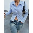 thumbnail image 4 of Women'S Striped Button Down Crop Shirt Long Sleeve Fitted Blouse Work Shirt Top Light Blue L, 4 of 7