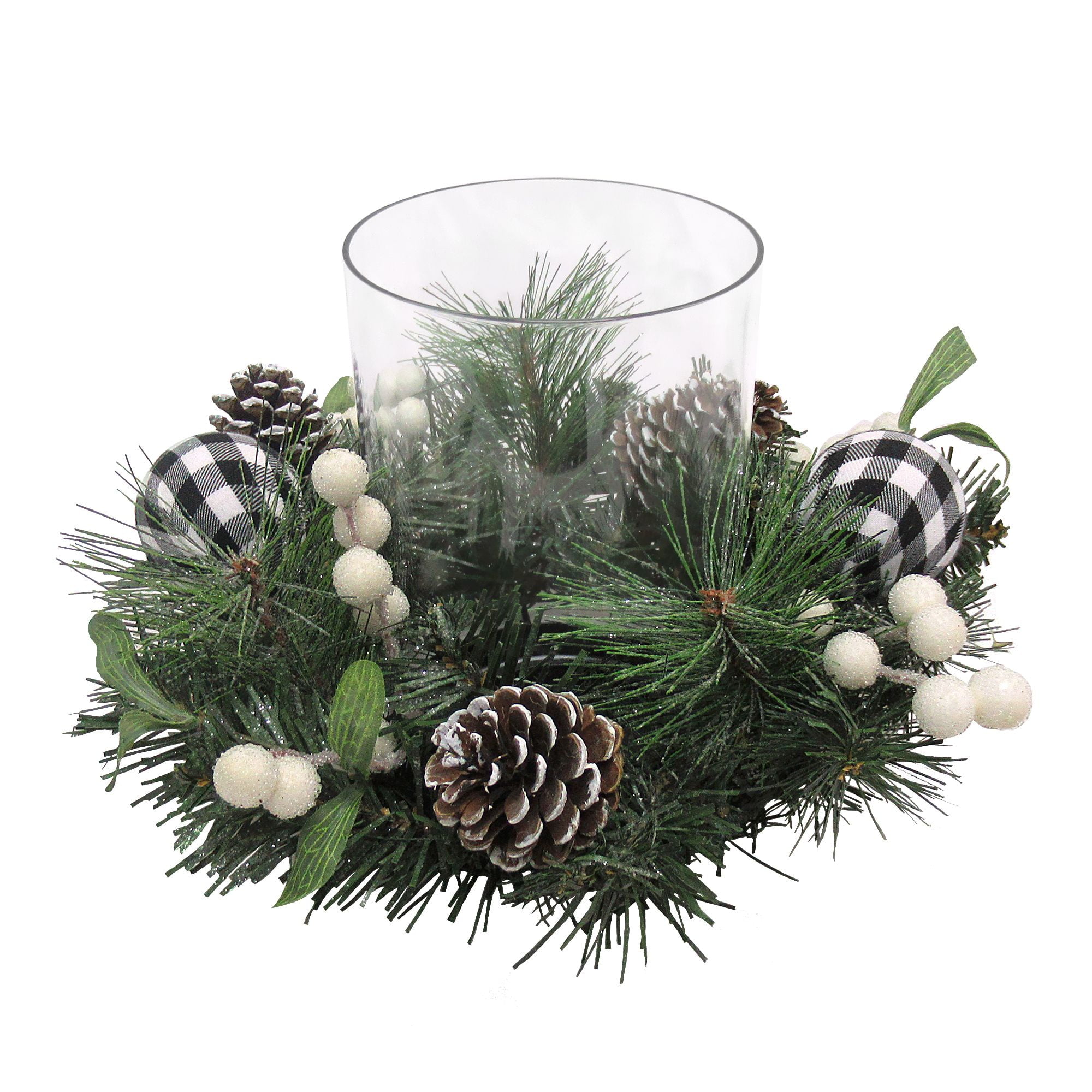 Mainstays Holiday Hurricane Candle Holder with Faux Greenery &amp; Pinecones, 10.3&quot; x 9.7&quot; x 10.1