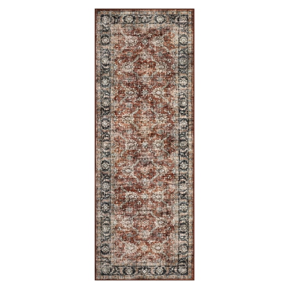 Vintage Floral Rug Washable Soft Oriental Non Slip Low Pile Distressed Traditional Accent Carpet for Living Room Hallway Bedroom Nursery Entryway
