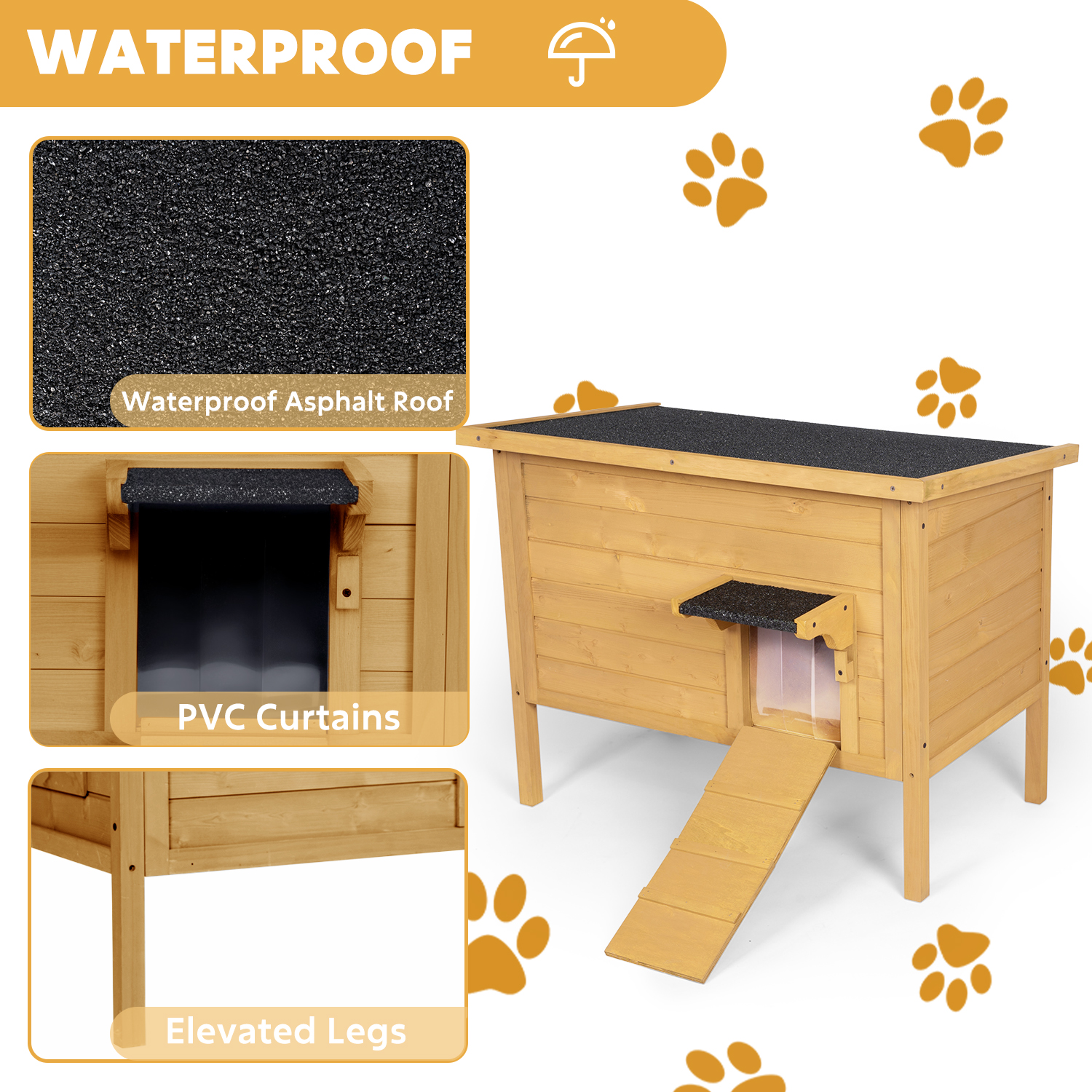 Hidpriva Insulated Wooden Outdoor Cat House, Weather-Resistant Feral Cat Shelter for Winter w/ Foldable Ladder & Visible Window, Brown