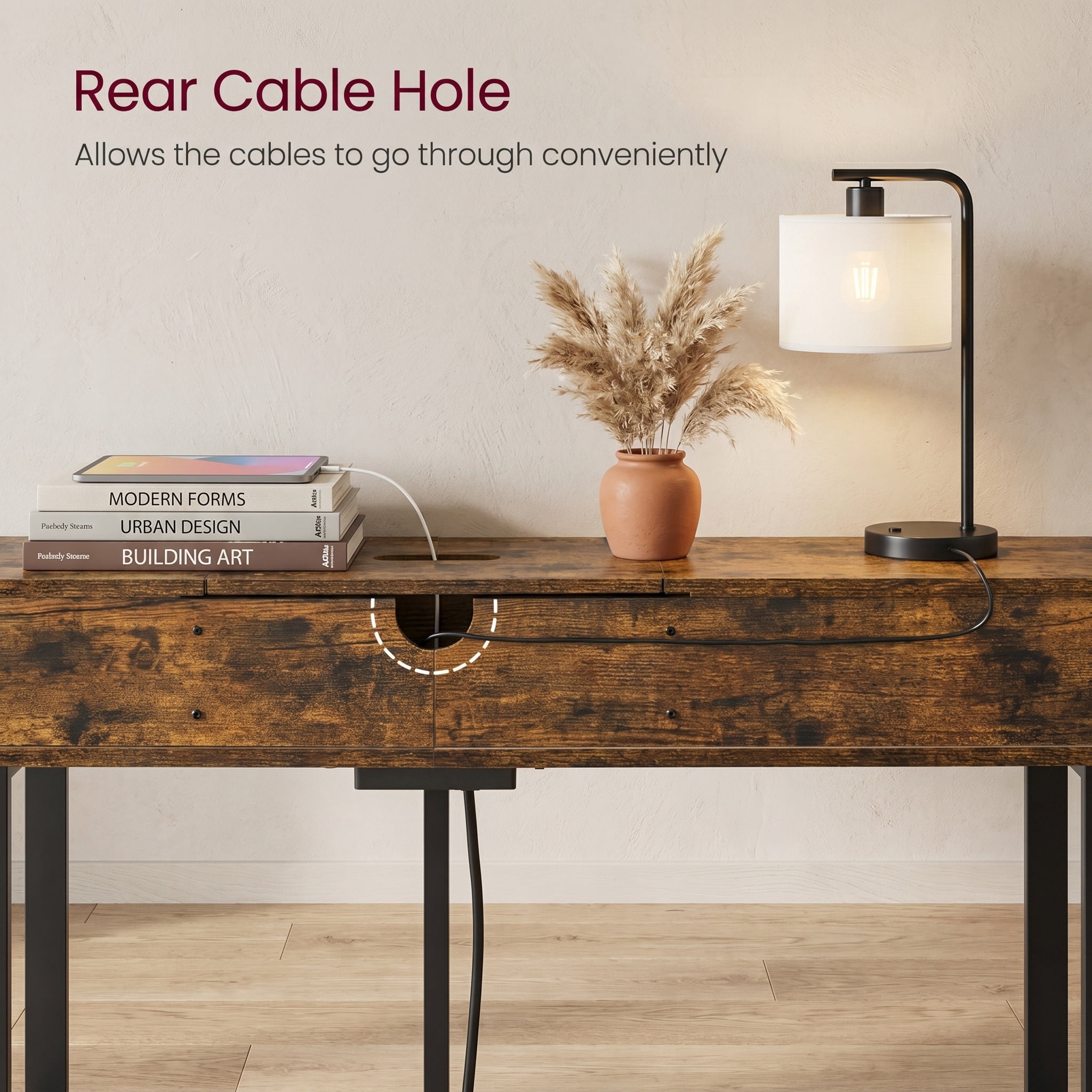 Nordic Hygge 70.9 in. Console Table with Built-In Charging Station, Brown & Ink Black