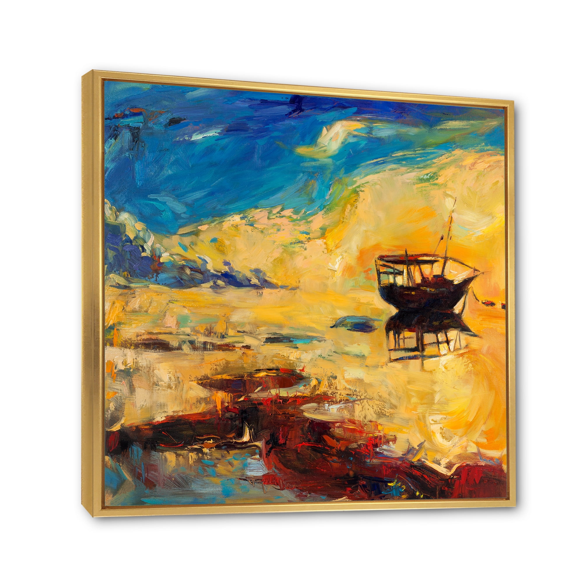 Designart 'Abstract Boat At The Ocean Horizon During Sunset' Nautical & Coastal Framed Canvas Wall Art Print