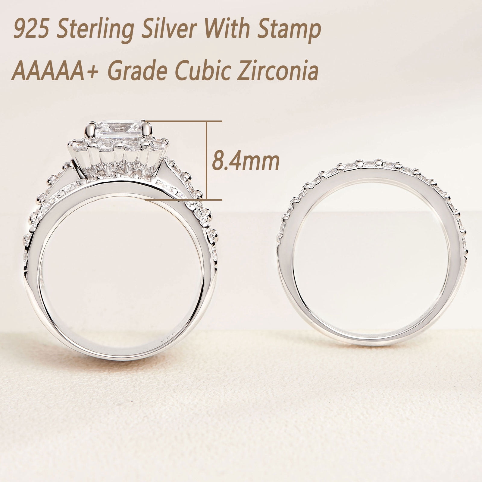 Wuziwen 4Ct Vintage Wedding Ring Set for Women Cubic Zirconia 925 Sterling Silver Princess Halo Cluster Engagement Rings for Her Size 6