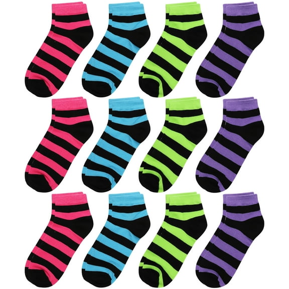12-Pack Assorted Colors Women's Novelty Ankle Socks Size 9-11 Striped