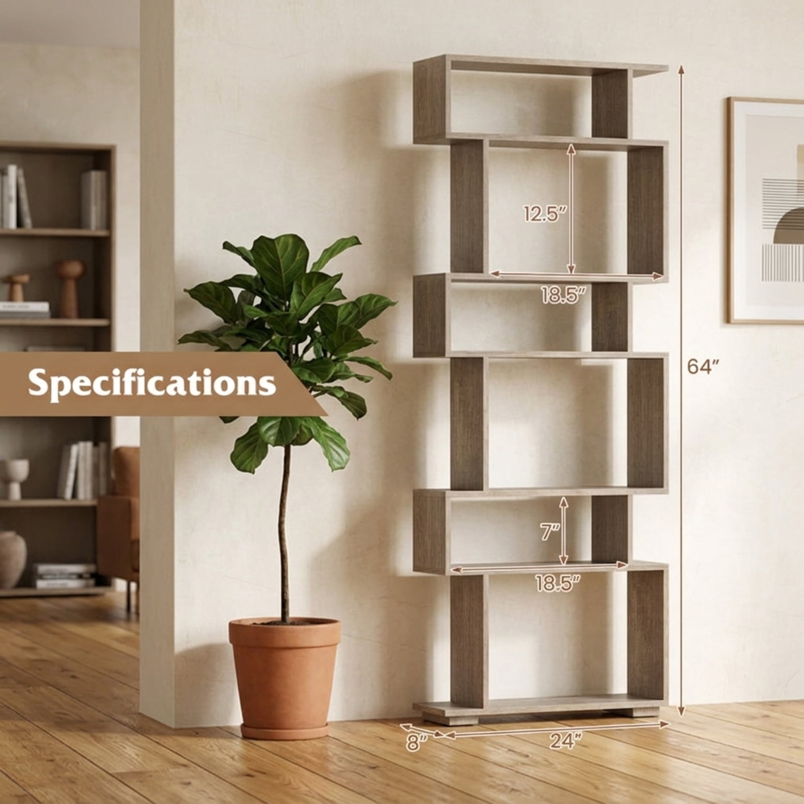 Furnibear 6-Tier Geometric Bookshelf with 2 Anti-Tipping Kits for Home Office for Living Room Home Office Bedroom Display Storage Shelf, Oak