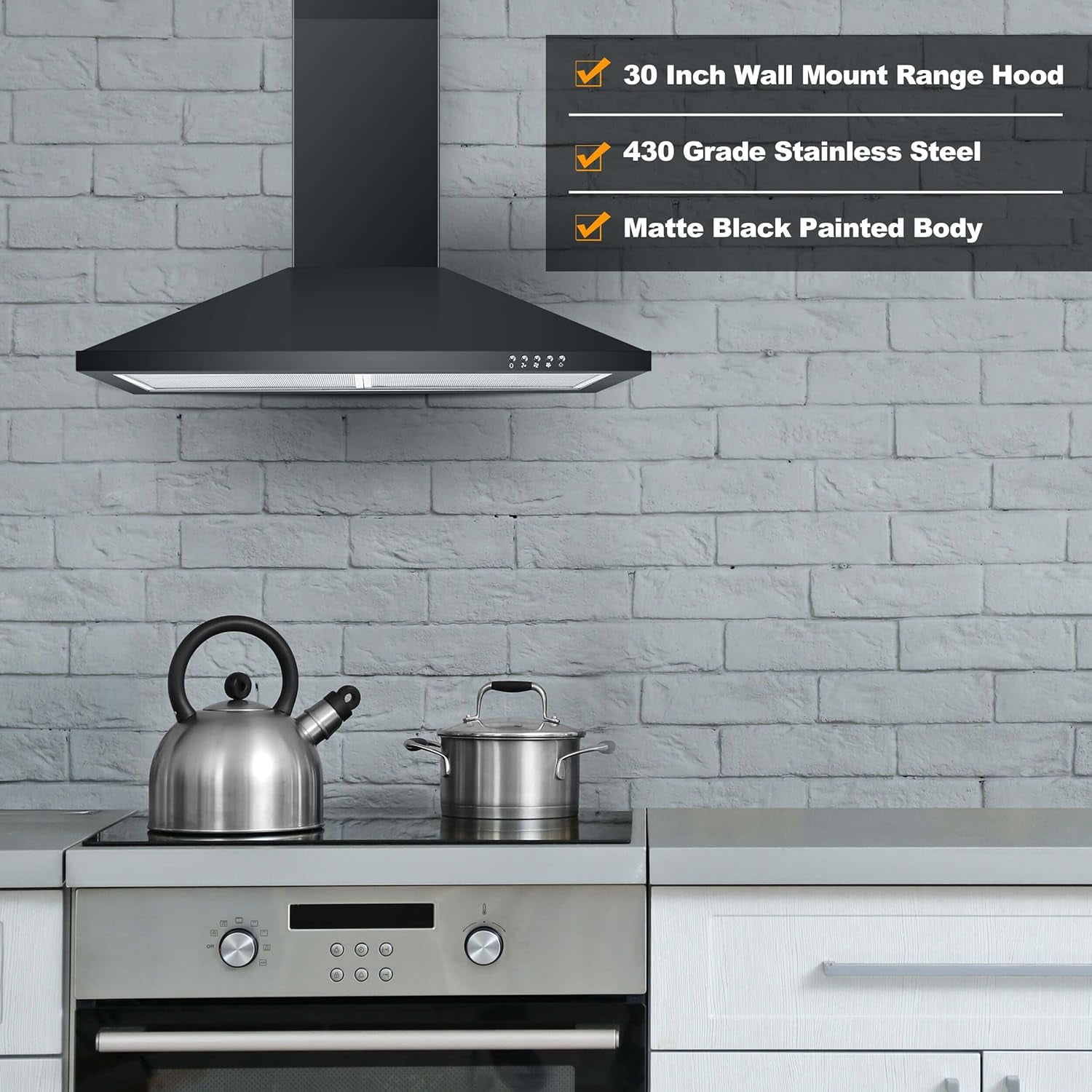 30 inch Range Hood 30 inch Wall Mount Range Hood in Stainless Steel With Ducted/Ductless Convertible,Stove Vent Hood with Aluminum Filters,3 Speed Exhaust Fan,LED Light,Button Control