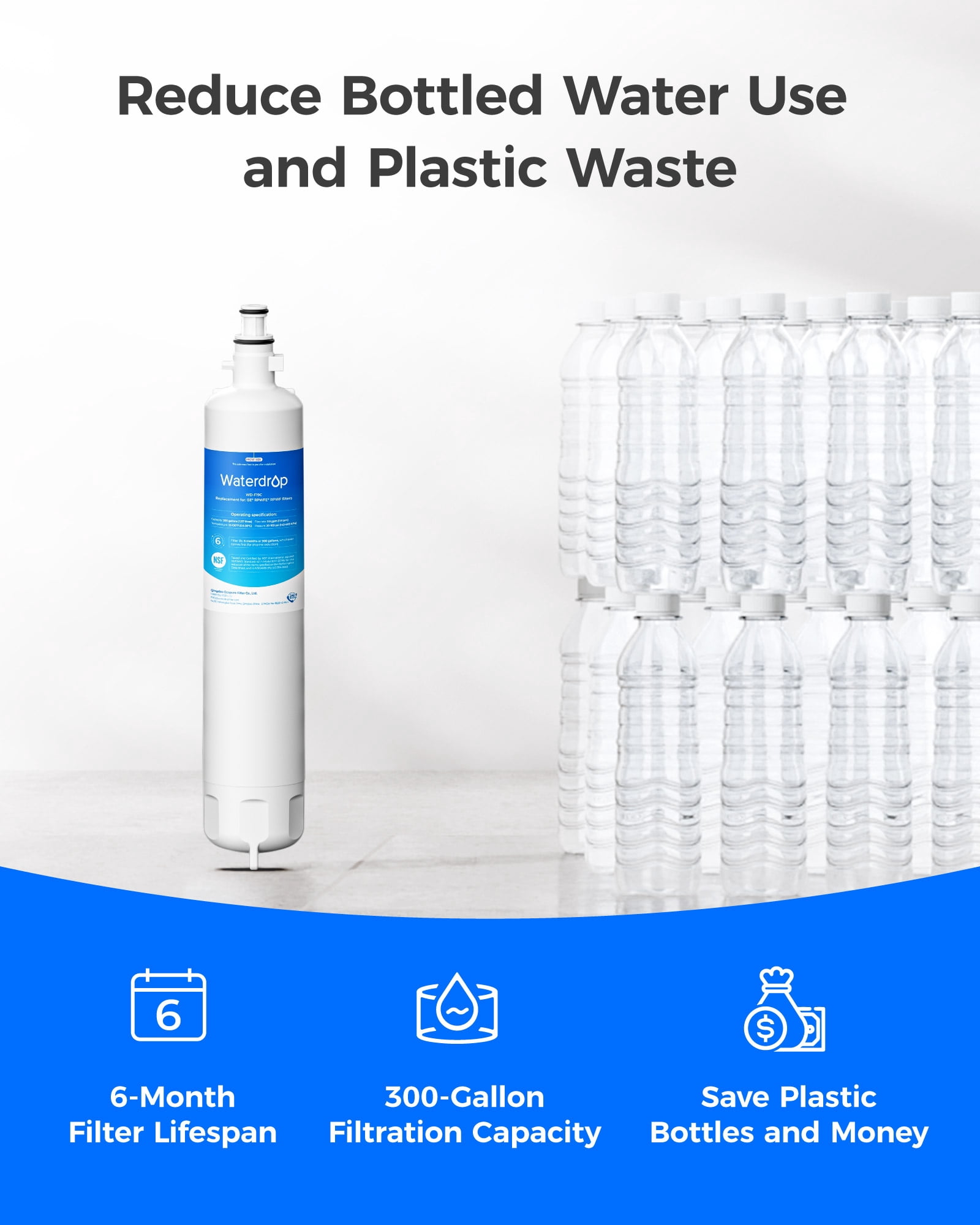 Waterdrop Replacement for GE® RPWFE®, RPWF (Built-in CHIP) Refrigerator Water Filter, Compatible with GFE28GYNFS, GFE28GELDS, PFE28KELDS, PFE28KYNFS, GFD28GELDS, PWE23KELDS, PWE23KMKES, 3 Filters