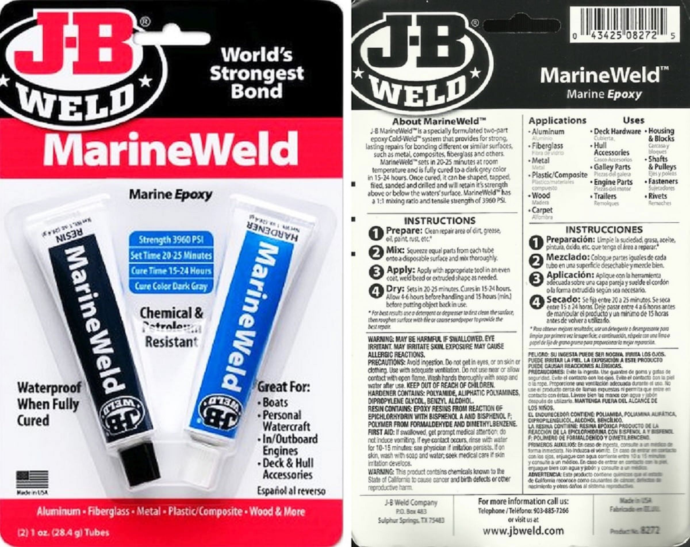 J-B Weld 1oz Gray Marine Weld Epoxy Adhesive Kit is a specially formulated two-part epoxy cold weld system that provides for strong, lasting repairs for bonding different or similar surfaces - image 4 of 7