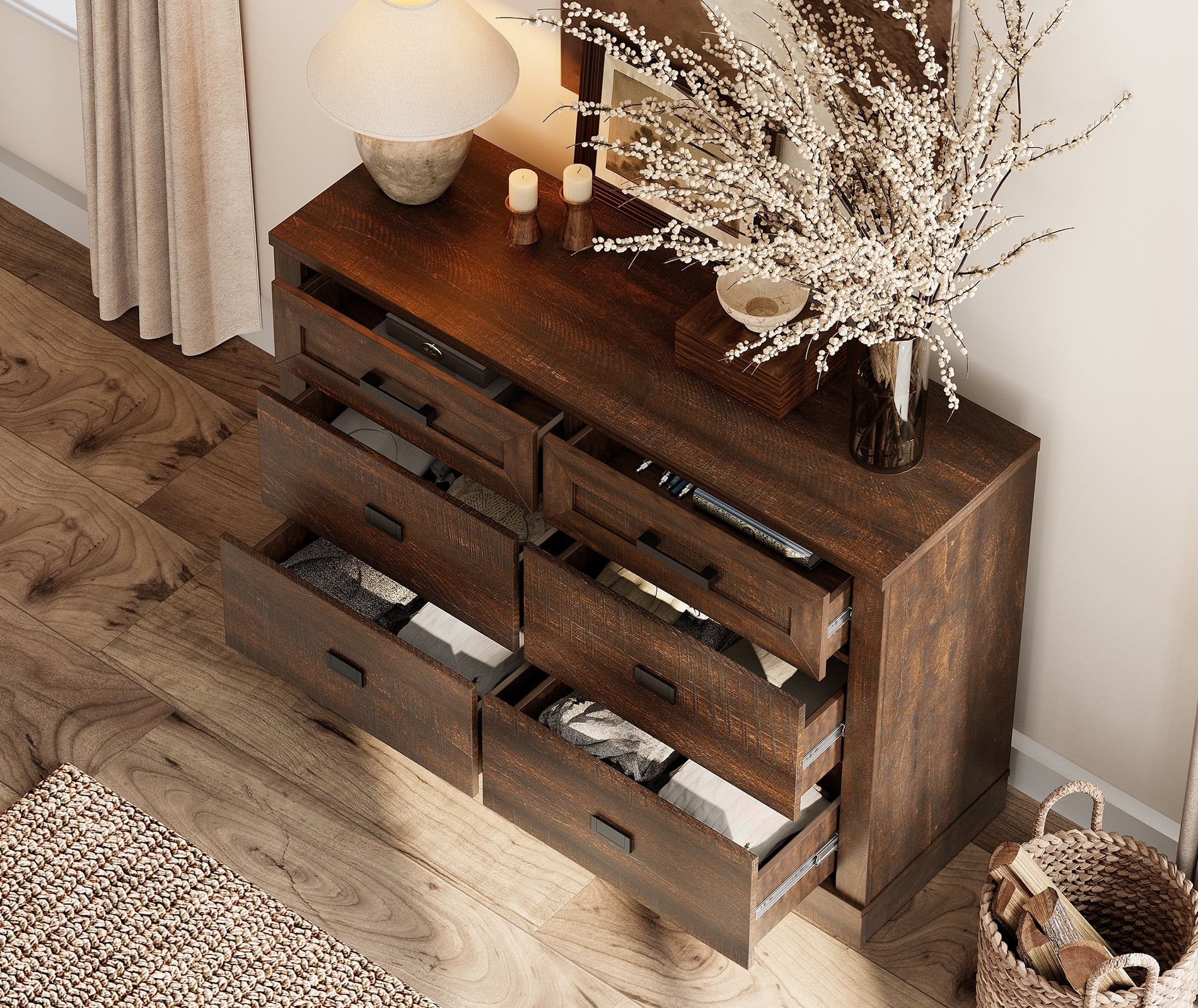 WAMPAT 12 Drawer Dresser for Bedroom,Extra Long Wooden Dresser with Wide Chest of Drawers,Modern Farmhouse Closet Storage Organizer with Pre-Assembled Drawer Glides for Living Room,Hallway,Dark Brown