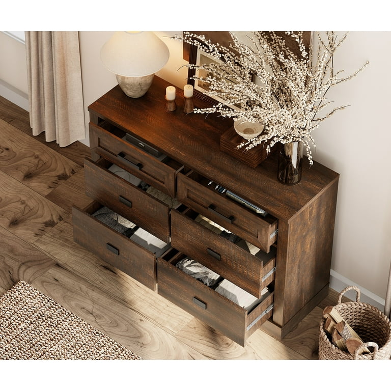 Wampat 6 Drawer Dresser for Bedroom,Modern Farmhouse Storage Dresser with Wide Chest of Drawers and Pre-Assembled Drawer Glides for Living Room,