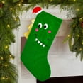 thumbnail image 1 of Media festiva, diseño de dinosaurios bordados, gran bolsa de regalo para decoración navideña con aro colgante, color verde, ideal para regalos, dulces y decoración navideña, 1 of 6