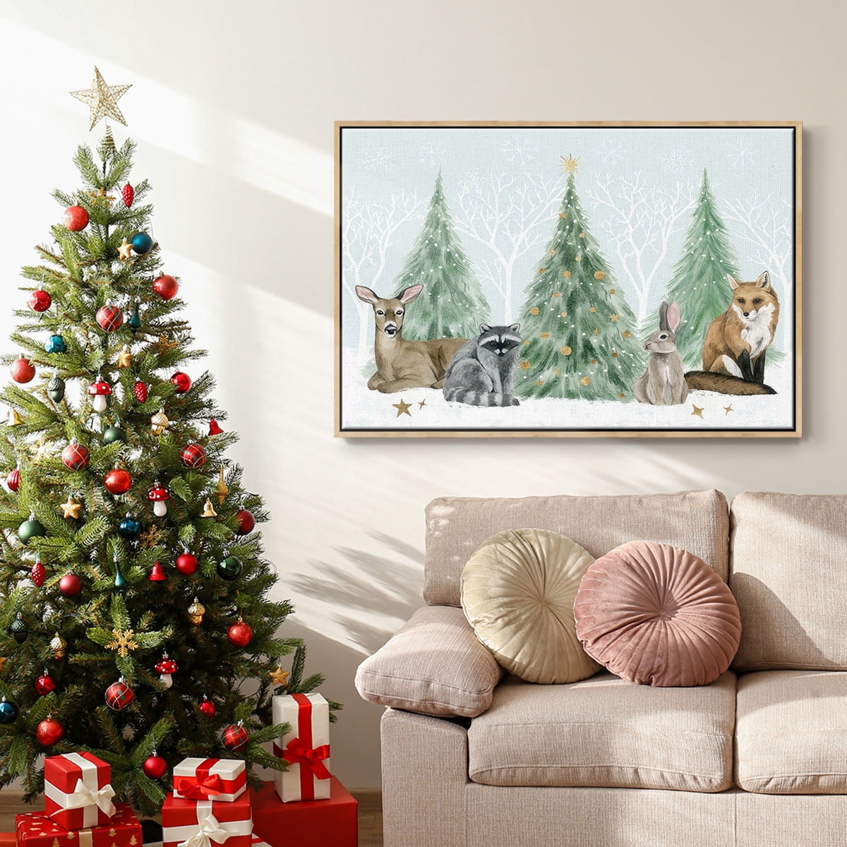 Christmas in the Forest Collection A - Framed Gallery Wrapped Holiday Canvas - 17 x 25 - Natural Wood Frame