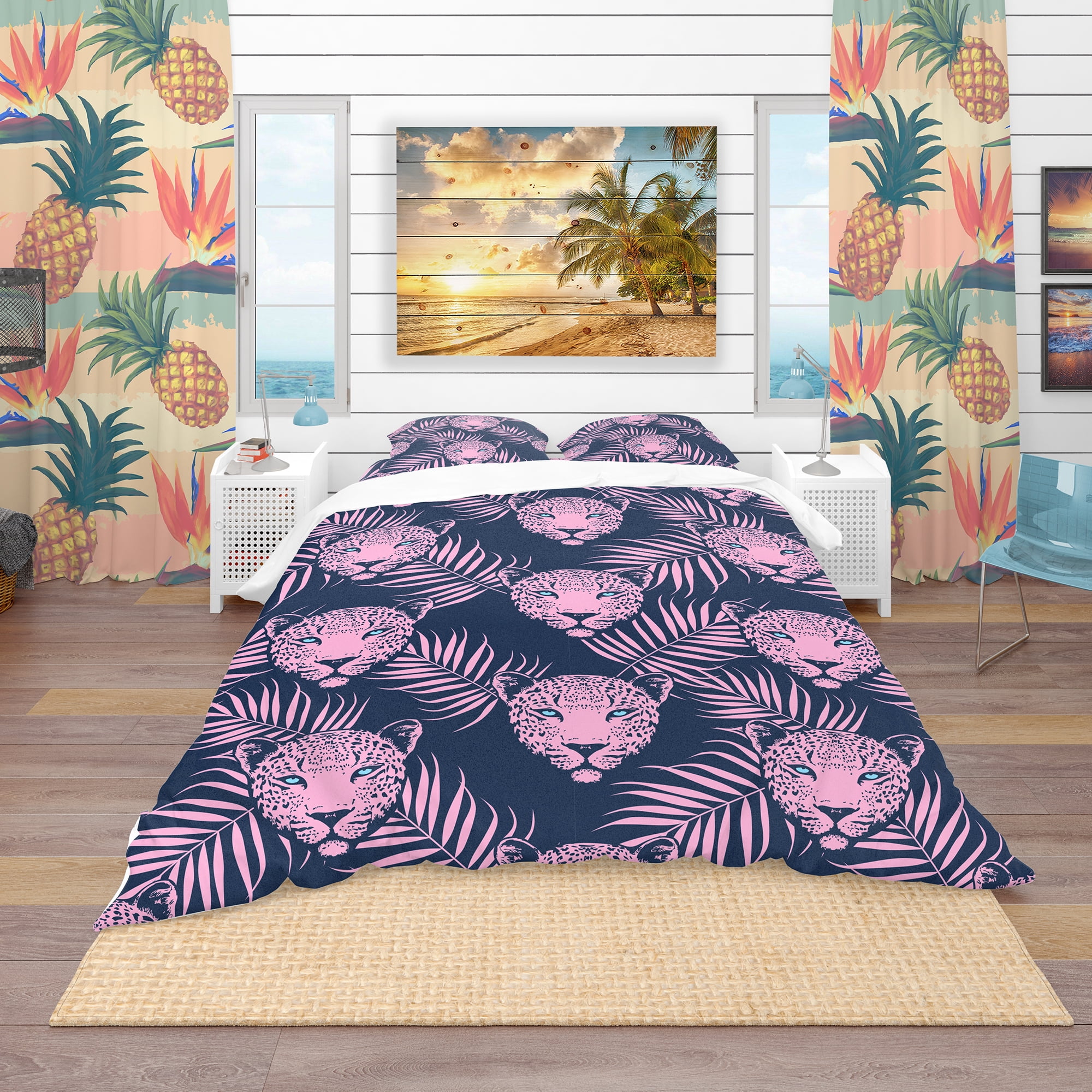 Designart 'Leopard with Palm Leaves Pattern' Tropical Duvet Cover Set