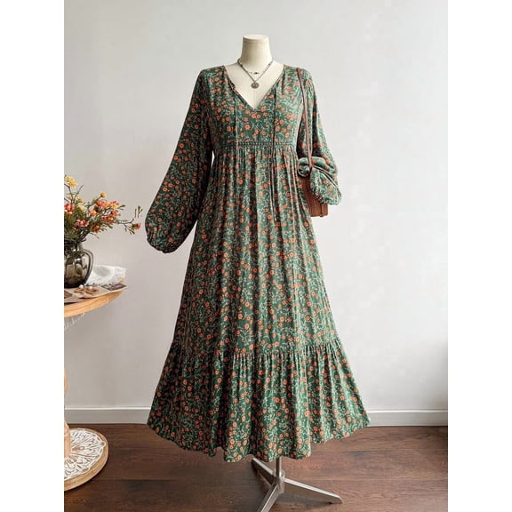 Green Women's Autumn Floral V-Neck Tie Ruffle Patchwork Long Sleeve Dress