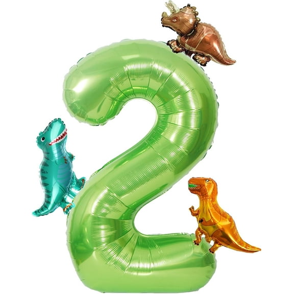 EP Dinosaur Green Number 2 Balloon, 40 In Large Foil Helium Balloon with Mini Dino Mylar Balloons, Dinosaur Birthday Decorations for Kids, Dino Balloons Set for 2nd Birthday Party Supplies (2)