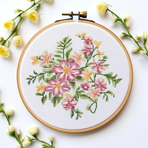 Little Flower Garland 11CT Stamped Cross Stitch Kits Easy for Beginners Child with Hoop DIY Needlepoint Counted Embroidery Kits Art Craft Wall Decor 12x12IN(1)