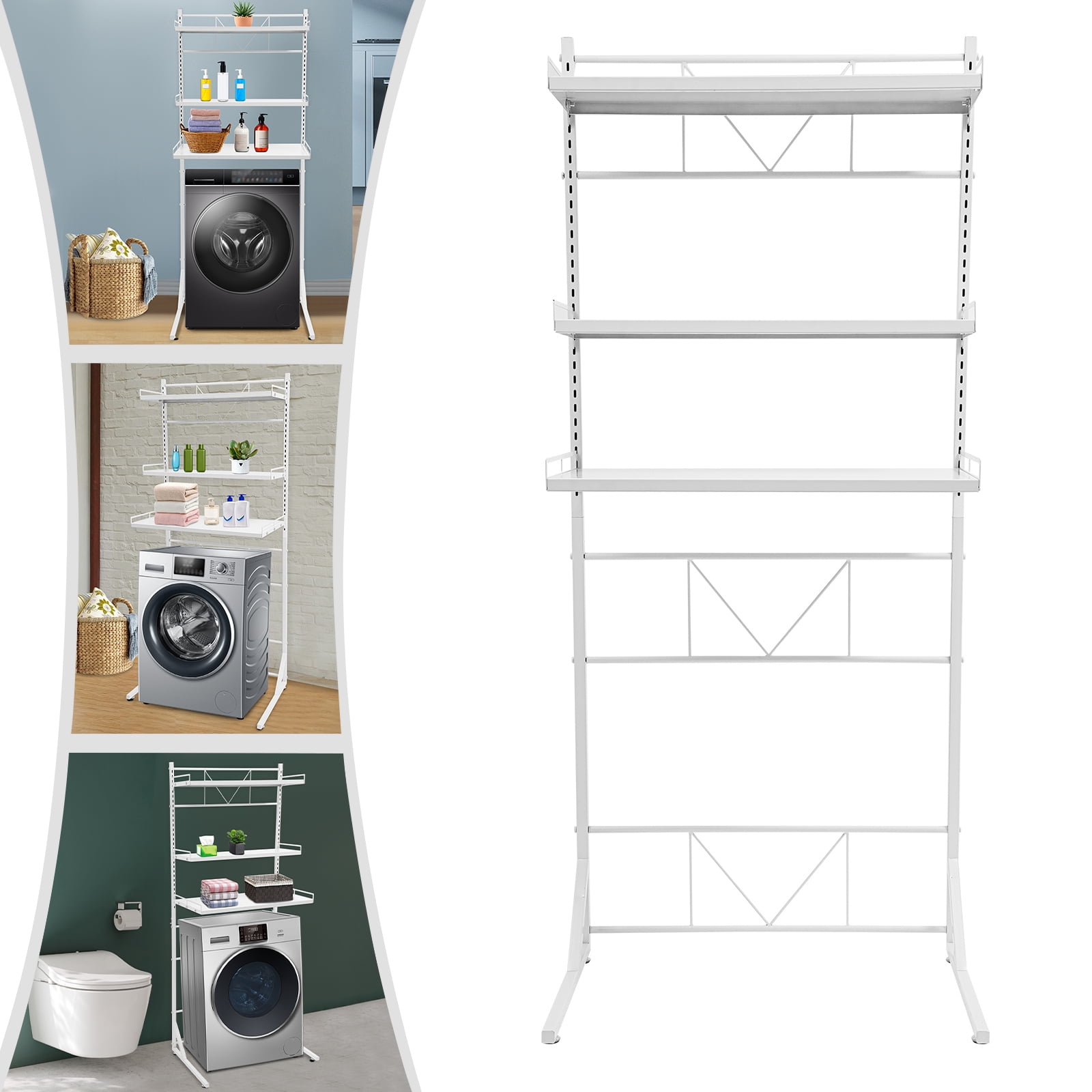 White Steel 68*46.5*88.5-161.5cm Upper 3-Layer Storage Rack For Washing Machine Floor-Standing Storage Rack