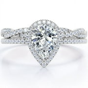 JeenMata 1.25 Carat Pear Cut Lab Grown Diamond Bridal Ring Set in 10K White Gold - Halo Engagement Ring and Wedding Band Set for Women