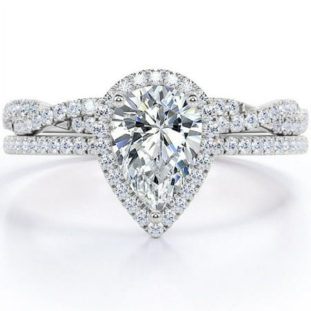 JeenMata 1.25 Carat Pear Cut Lab Grown Diamond Bridal Ring Set in 10K White Gold - Halo Engagement Ring and Wedding Band Set for Women