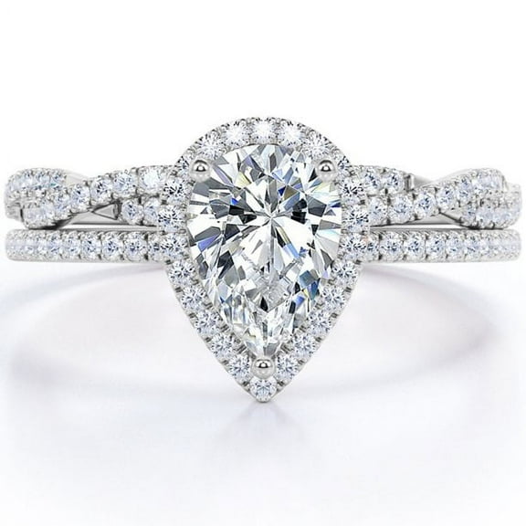 JeenMata 1.25 Carat pear cut Moissanite and Diamond Halo Bridal Wedding Ring Set in 10k White Gold