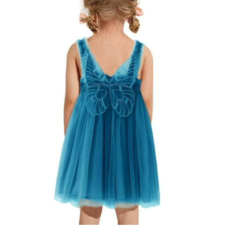 

THE WILD Girls Dresses Cute Ruffled Tulle Solid Color V-Neck Sleeveless Midi Girls Dresses Blue
