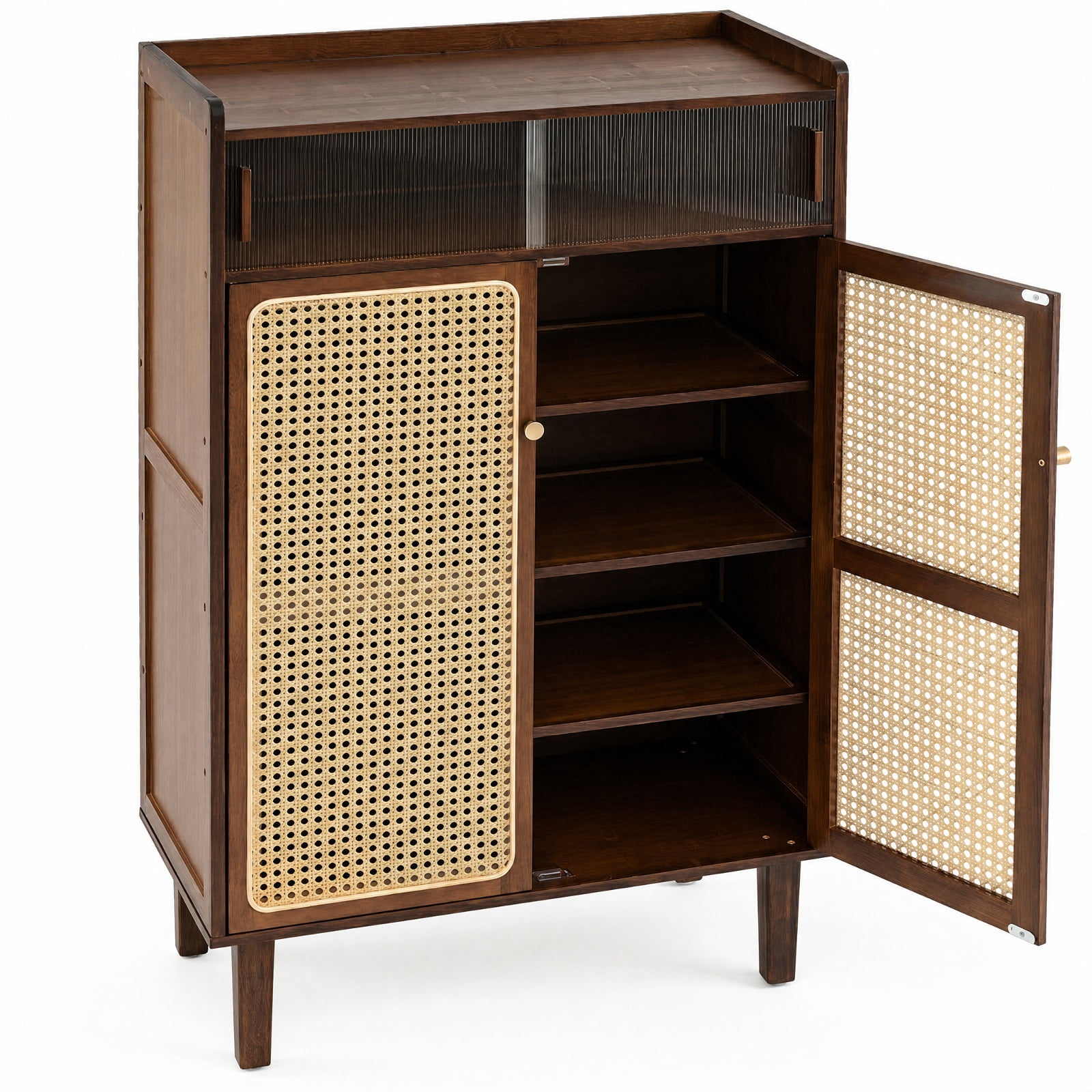 Furnibear 5 Tier Bamboo Shoe Storage Cabinet with Woven PE Rattan and See Through Sliding Doors for Entryway Hallway Closet, Walnut