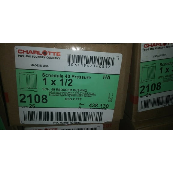 CHARLOTTE SCHEDULE 40 PRESSURE 1 X 1/2" REDUCER BUSHING 2108, 438-130, BOX OF 25