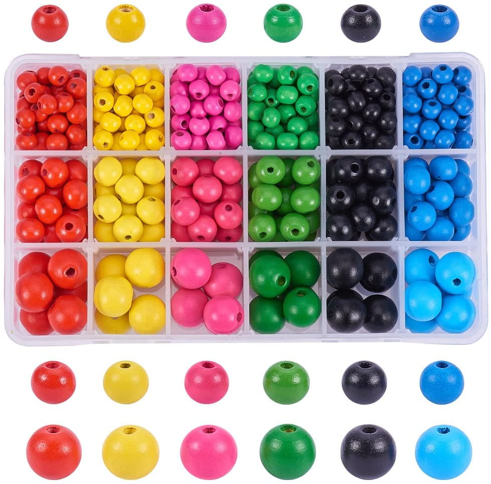 450pcs Dyed Wood Beads 6 Color Wood Craft Beads Round Ball Loose Spacer