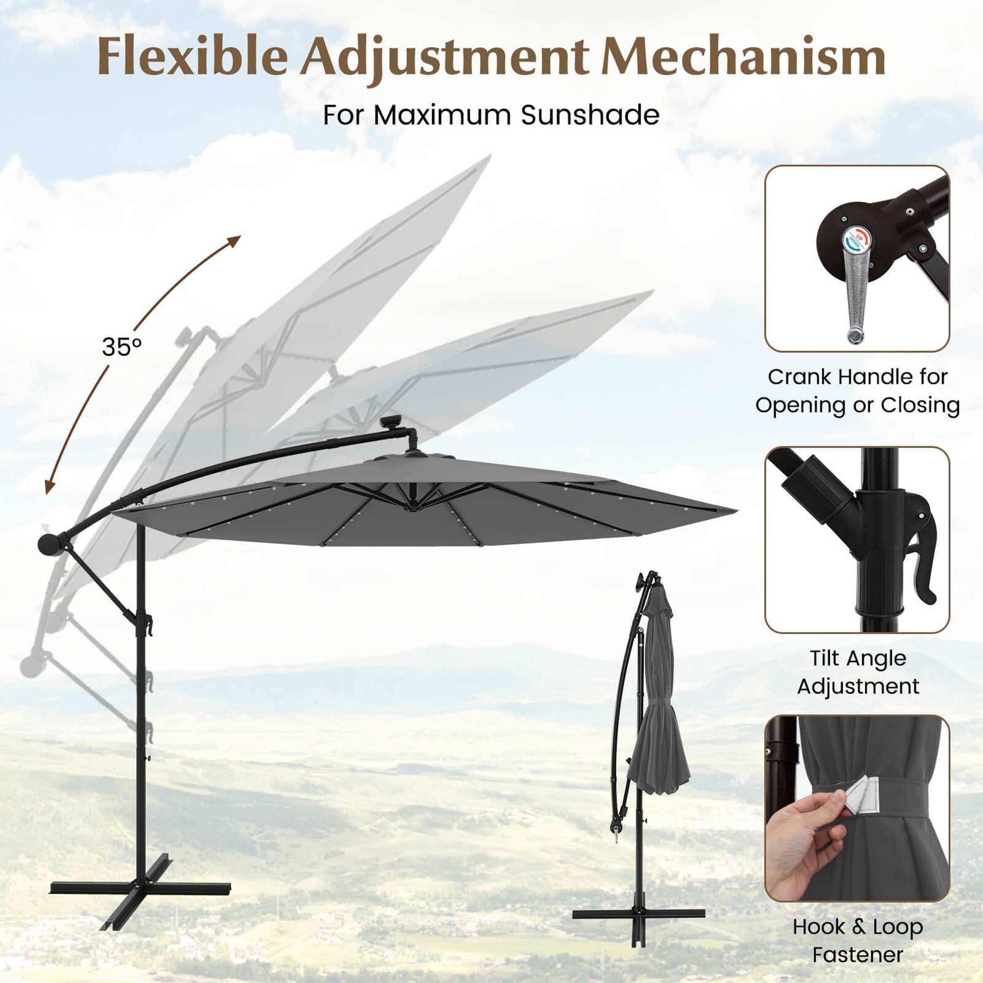 Costway 10 Ft Patio Solar LED 40 Lights Offset Umbrella Crank Cross Base Gray