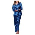 thumbnail image 2 of Silk Satin Pajamas Set Women Two Piece Nightwear Long Sleeve Sleepwear Soft Loungewear Pjs Set Blue M, 2 of 9