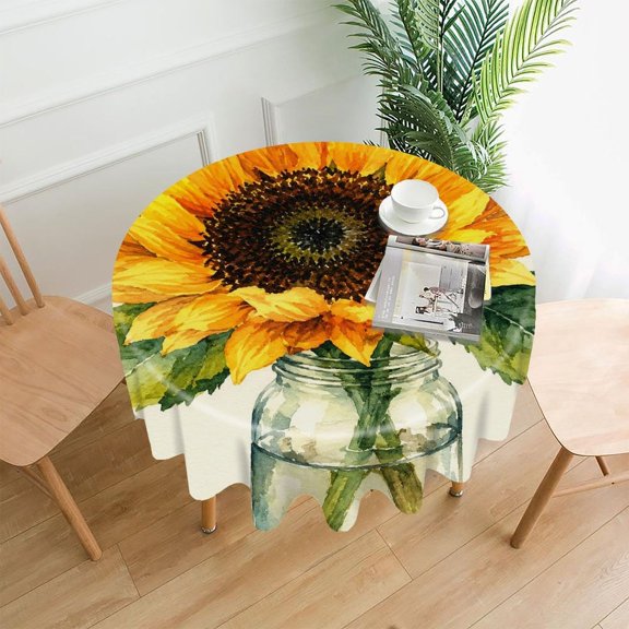 RKSupls 60 Inch Round Tablecloth, Sunflower Glass Jar Watercolor Premium Polyester Straight Edge Wrinkle Resistant Washable Table Cover for Party Home Dining Decor