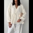 thumbnail image 4 of Tops para Mujer, Informales, con Lazo Frontal, Estilo Babydoll, de Otoño, de Larga, con Cuello en V, Ropa Peplum Albaricoque XL, 4 of 7