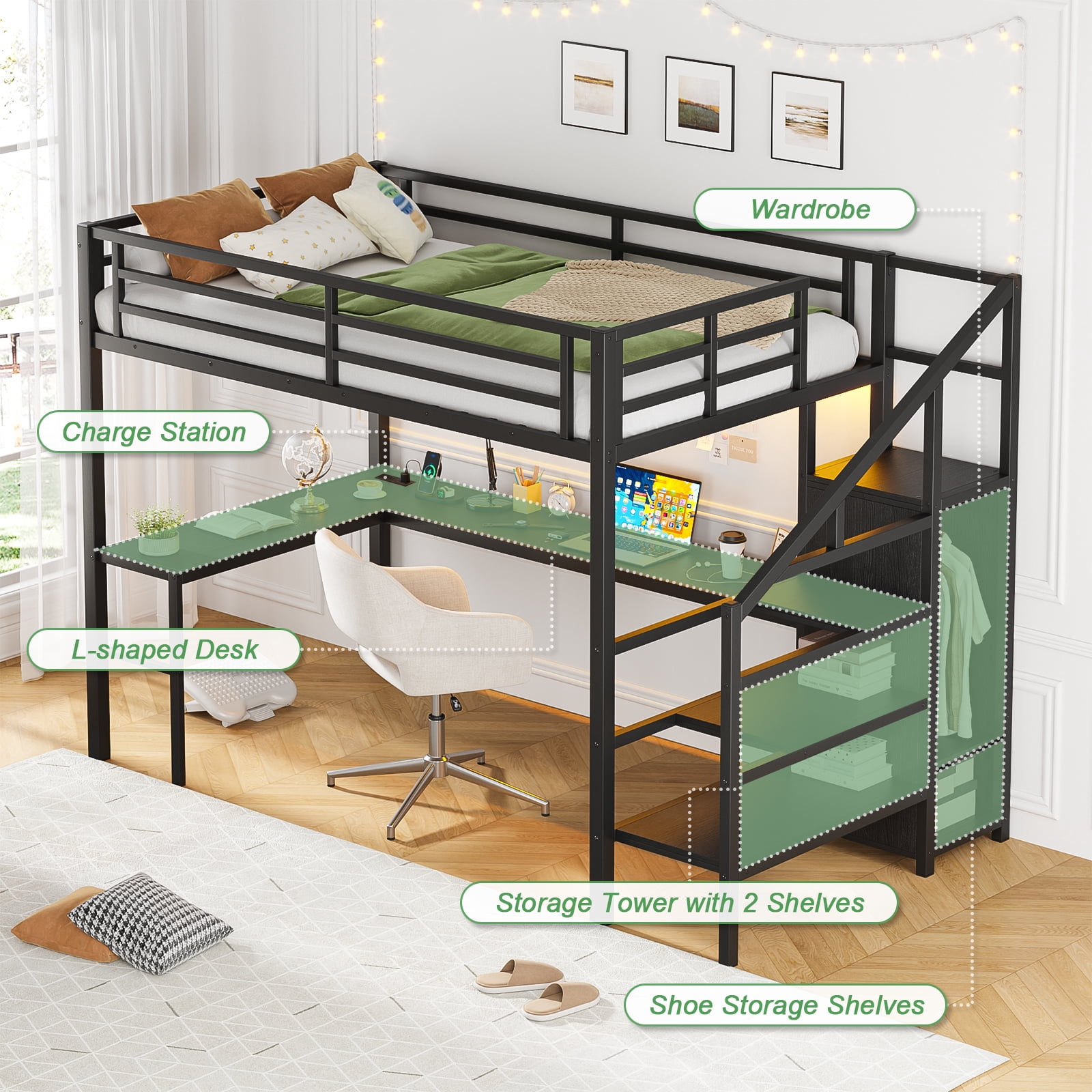 Mintazer Full Size Power Outlet Metal Loft Bed with L-Shaped Desk & Wardrobe, Heavy Duty Loft Bed Frame with Adjustable Shelf and LED Light for Kids Teens, Black