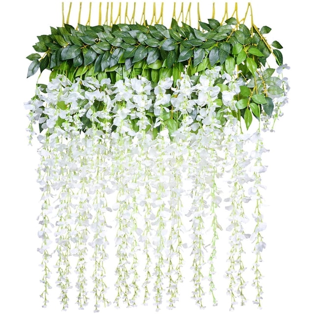 Flores artificiales, glicina artificial, decoración del hogar, cada hebra mide 110 cm de largo, de seda, para bodas, en casa, jardín, fiesta, 12 piezas (blanco) oso de fresa Juguete