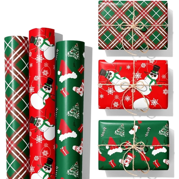 Christmas Wrapping Paper Rolls Green Reindeer Leaves Xmas Tree Watercolor Holiday Gift Wrap Craft Art Paper for Party DIY Wrapping Supplies, 58x23in, 3 Roll