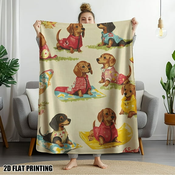 Cute Dachshund Dogs in Raincoats Throw Blanket - Lightweight Flannel Sofa Bedspread with Red, Yellow, Green, Blue, - All-Season Cozy Blanket for Couch, Travel, Office - Perfect Gift for Dog Lover