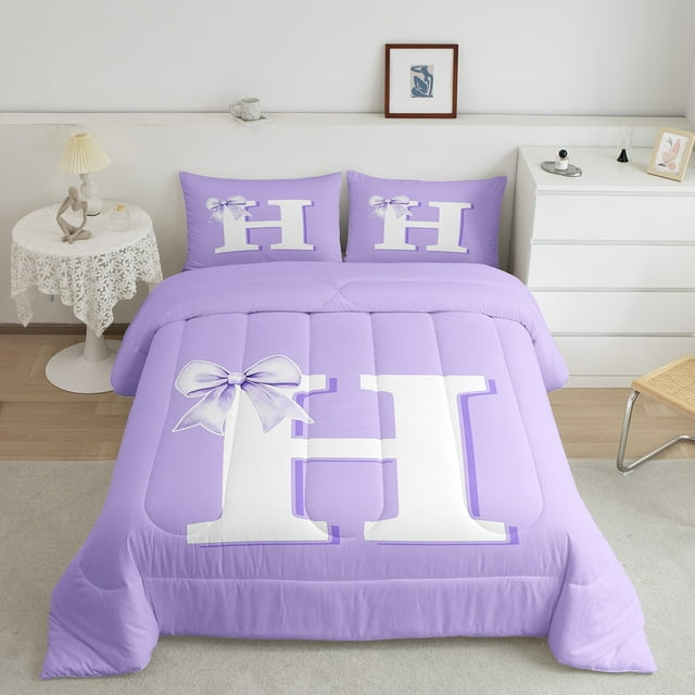 Erosebridal Personalized Letter H Comforter Sets Full Size,Monogrammed Theme Comforters & Duvets,Ribbon Bow Knot Bedding Full Comforter Set,Ultra Soft Bedroom Decor,3-Piece