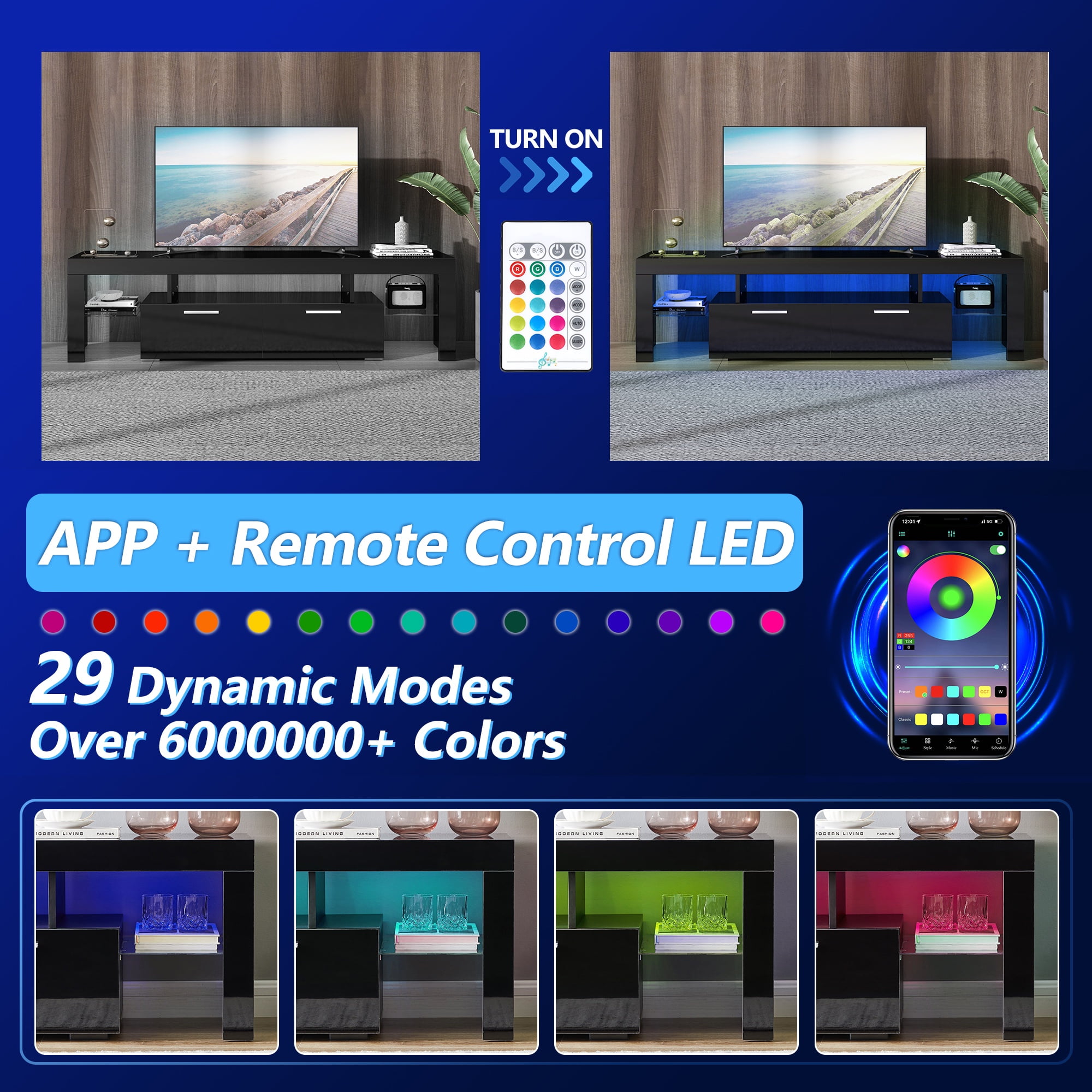 UHOMEPRO TV Stand for TV up to70'', High Gloss Entertainment Center with RGB LED Lights and Storage Shelves, Black Media Console for Living Room