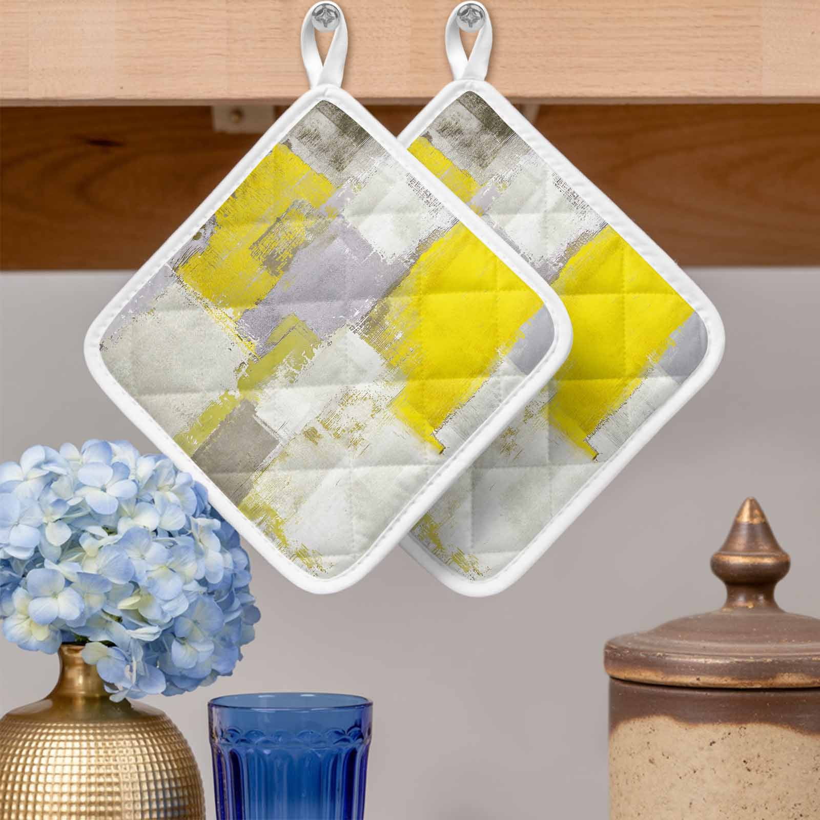 Yellow Pot Holders for Kitchen Heatproof Potholder, 3 Pack Modern Geometric Grey Oil Painting Abstract Hot Pads Multipurpose Oven Pads Cloth Potholders Trivet for Cooking Baking