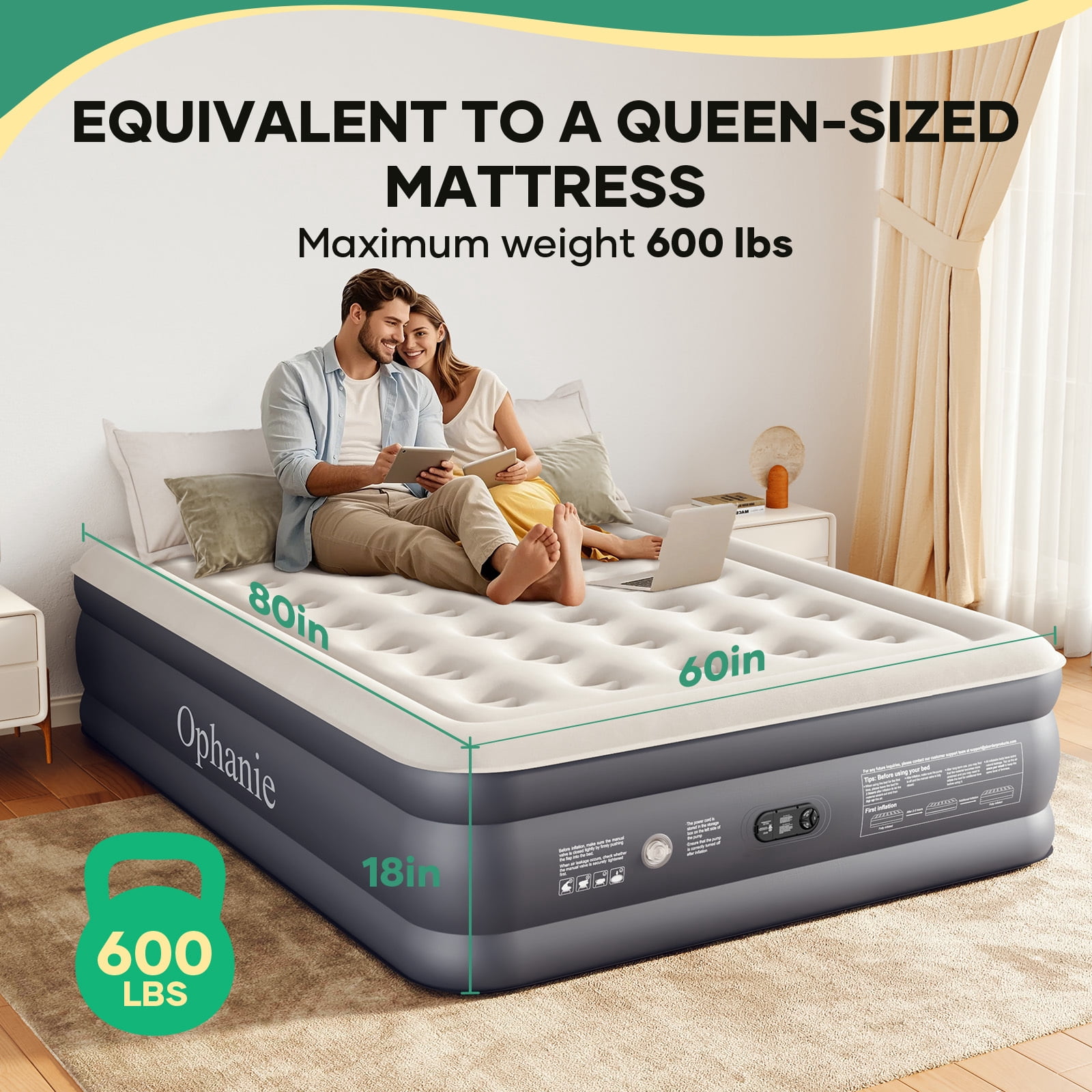 Ophanie Queen Air Mattress, 18-Inch Elevated Inflatable Bed with Built-in Pump, Puncture-Resistant Mattresses, Quick Inflation/Deflation, Portable for camping & Guests, Dark Gray